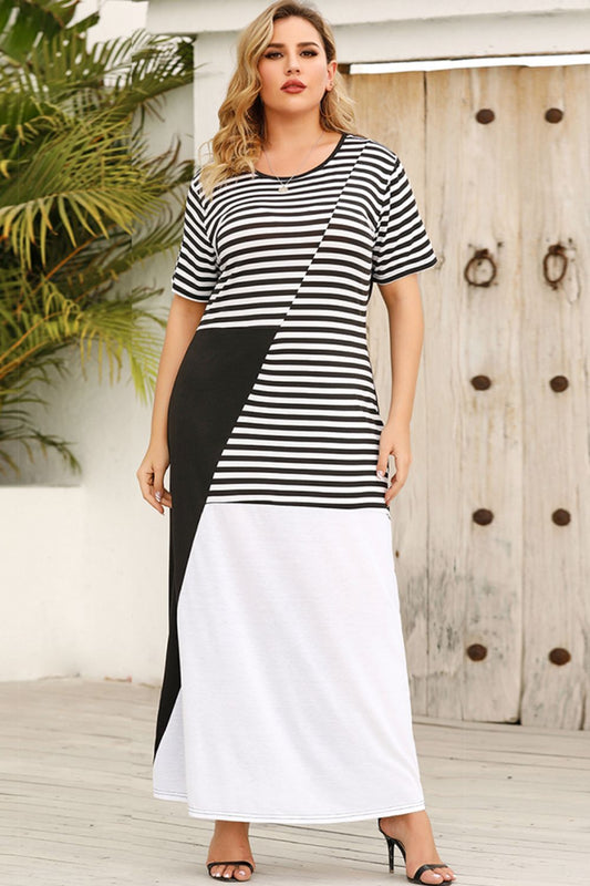 Plus Size Striped Color Block Round Neck Dress Print on any thing USA/STOD clothes