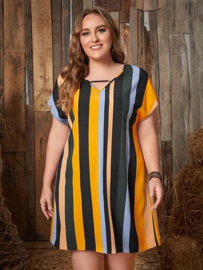 Plus Size Striped Short Sleeve Mini Dress Print on any thing USA/STOD clothes