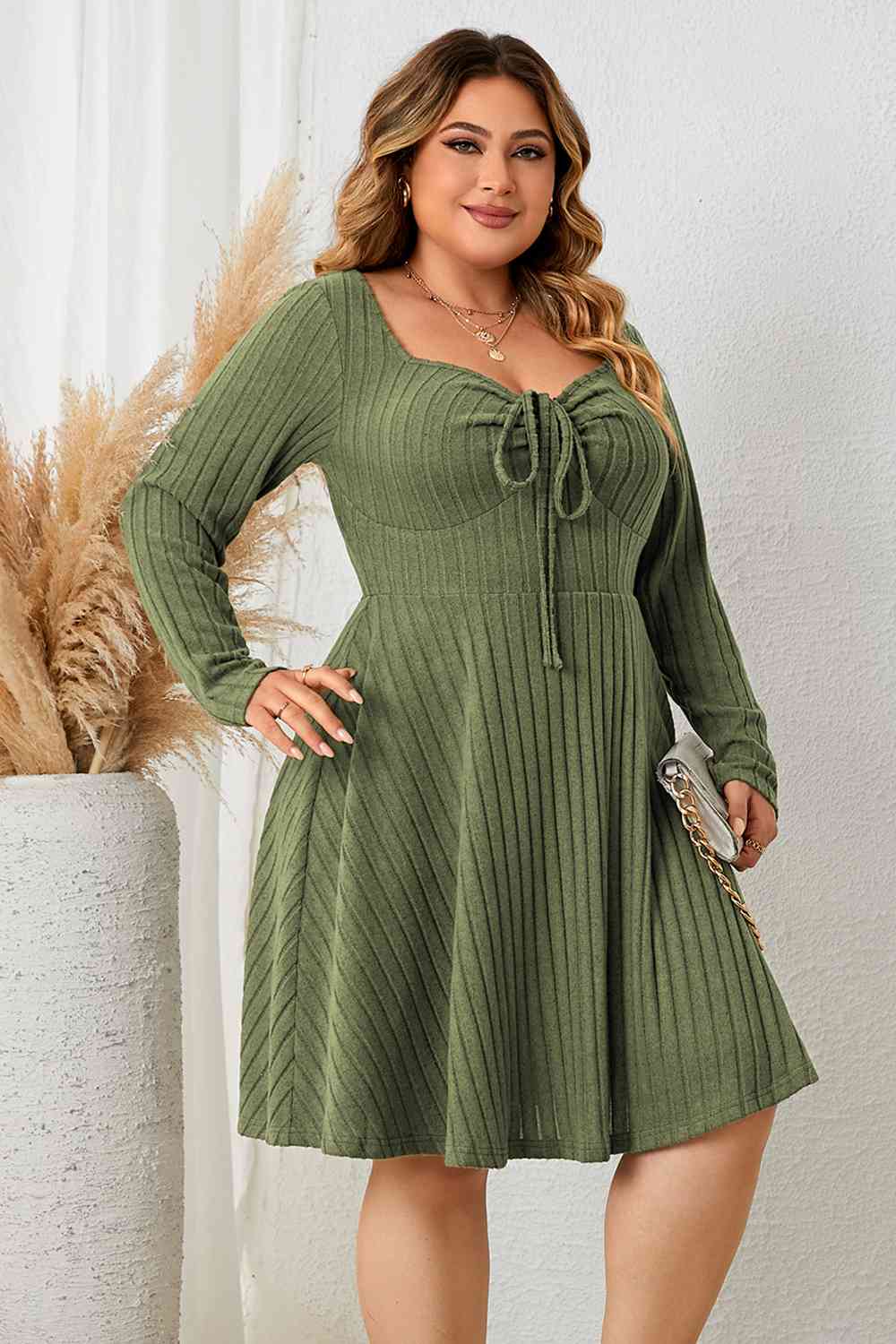 Plus Size Sweetheart Neck Long Sleeve Ribbed Dress Print on any thing USA/STOD clothes