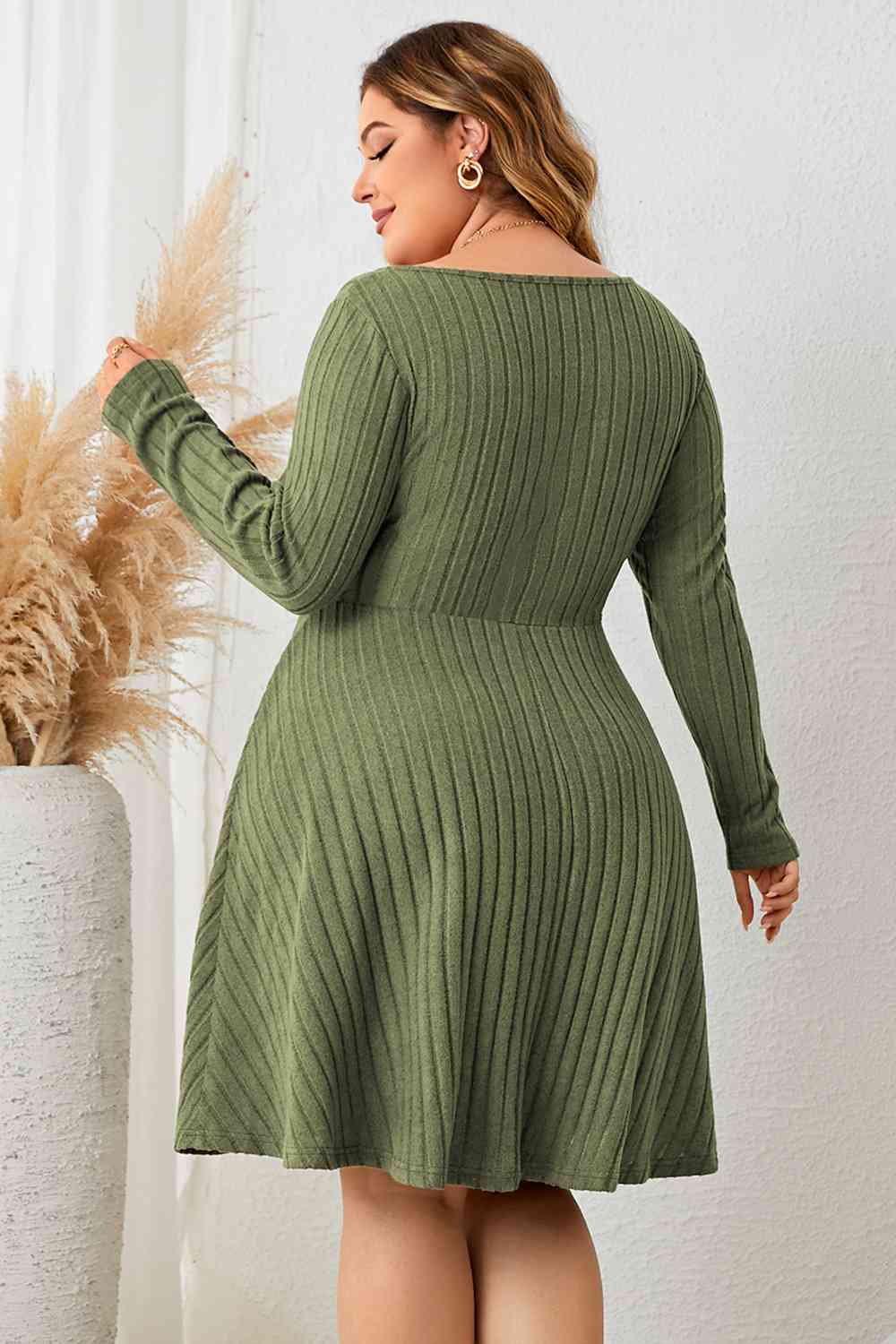 Plus Size Sweetheart Neck Long Sleeve Ribbed Dress Print on any thing USA/STOD clothes