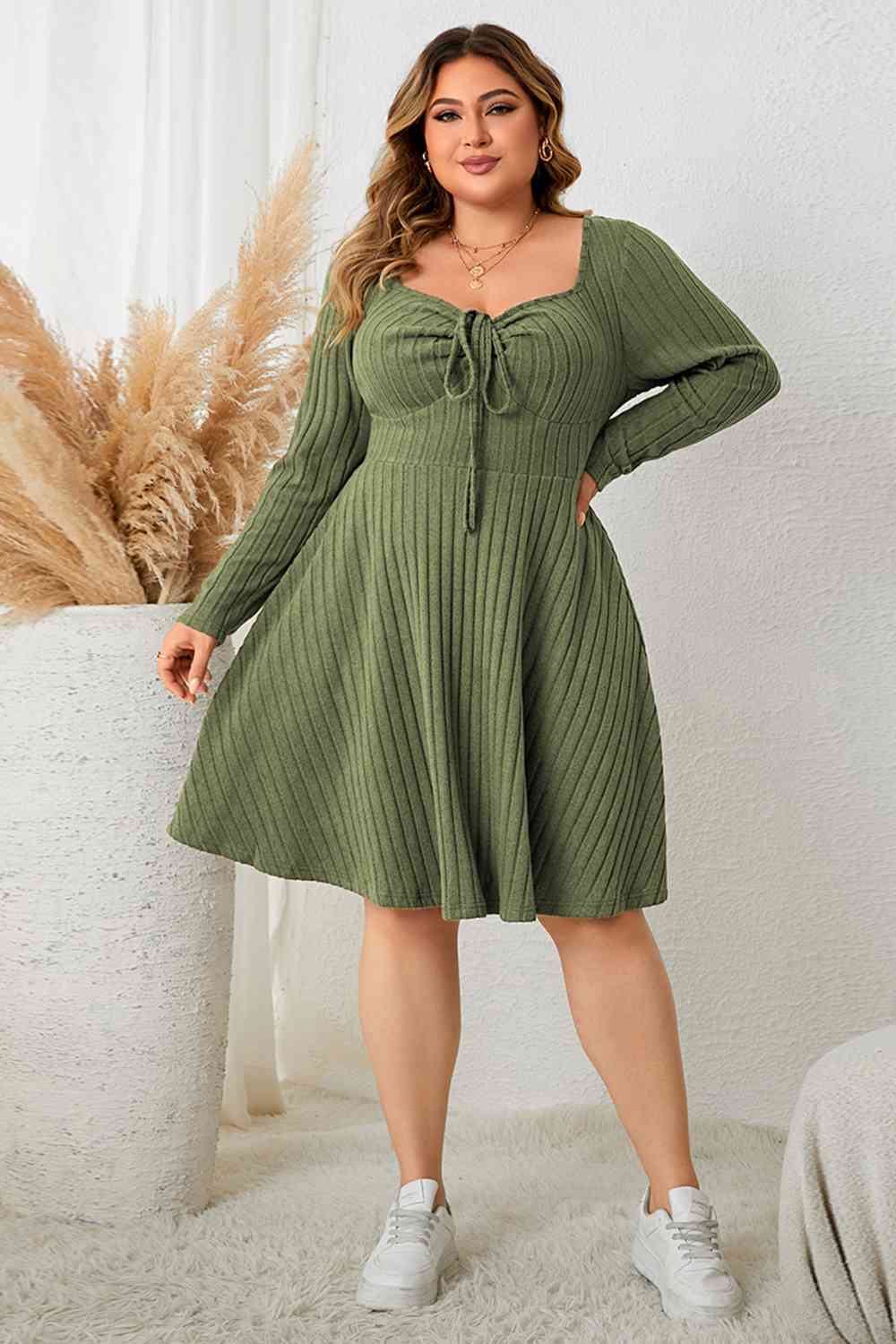 Plus Size Sweetheart Neck Long Sleeve Ribbed Dress Print on any thing USA/STOD clothes