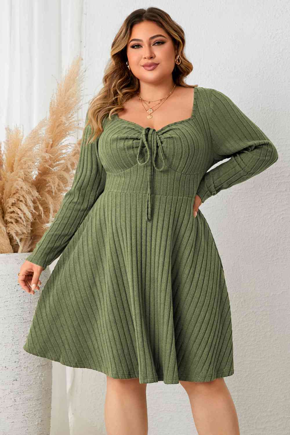 Plus Size Sweetheart Neck Long Sleeve Ribbed Dress Print on any thing USA/STOD clothes