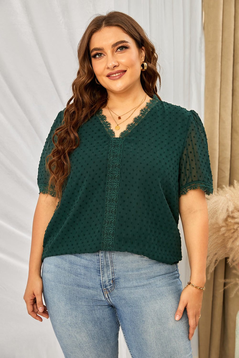 Plus Size Swiss Dot Spliced Lace V-Neck Blouse Print on any thing USA/STOD clothes