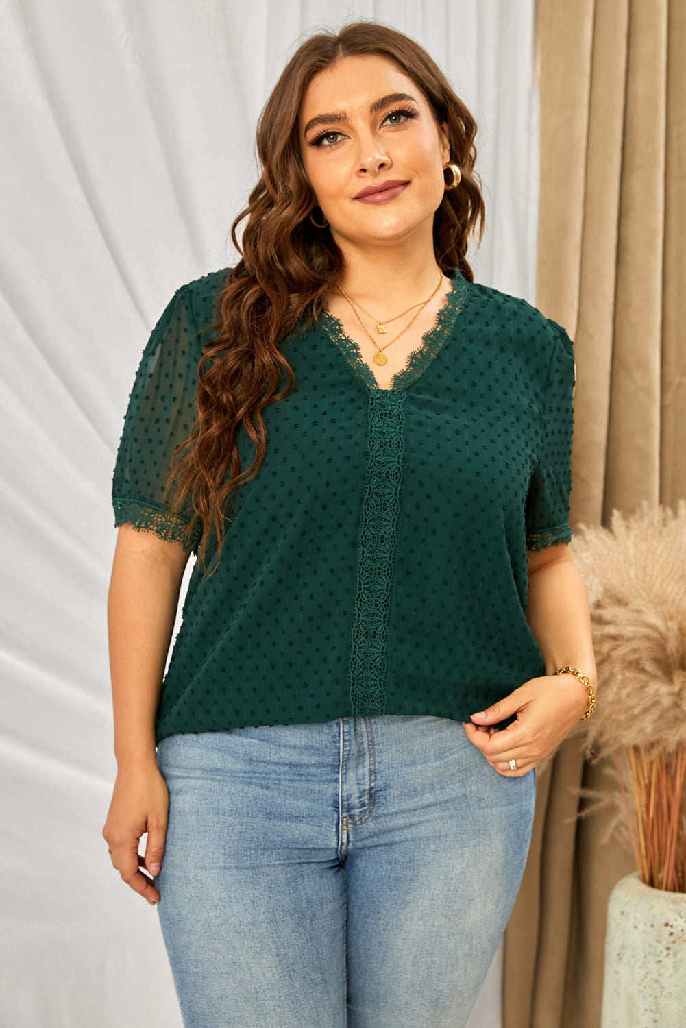 Plus Size Swiss Dot Spliced Lace V-Neck Blouse Print on any thing USA/STOD clothes