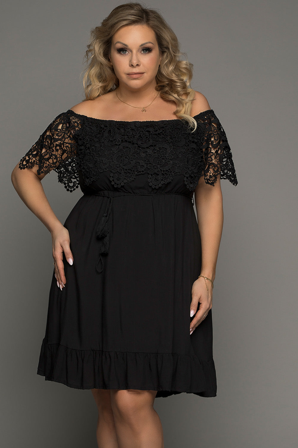 Plus Size Tassel Tie Spliced Lace Off-Shoulder Dress Print on any thing USA/STOD clothes