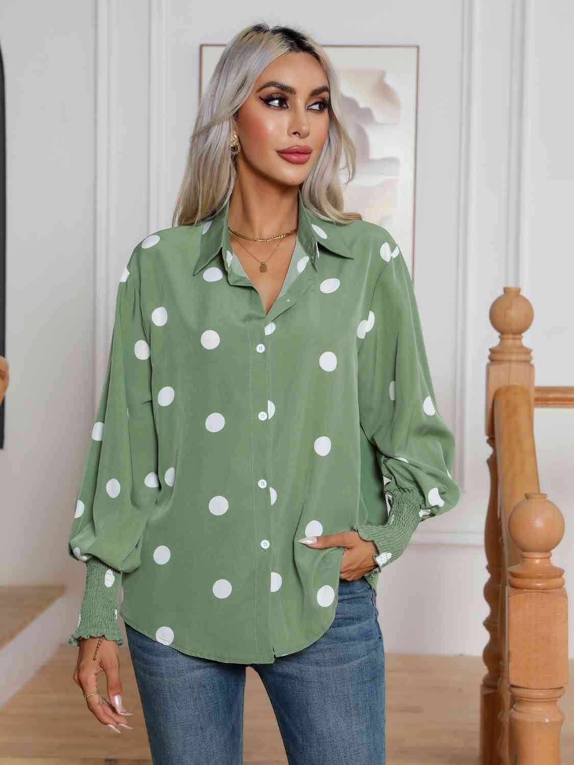 Polka Dot Collared Neck Buttoned Lantern Sleeve Shirt Print on any thing USA/STOD clothes