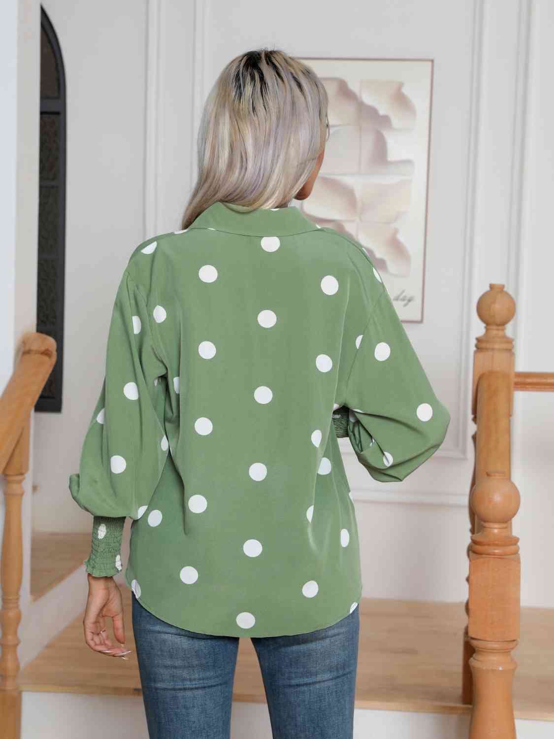 Polka Dot Collared Neck Buttoned Lantern Sleeve Shirt Print on any thing USA/STOD clothes