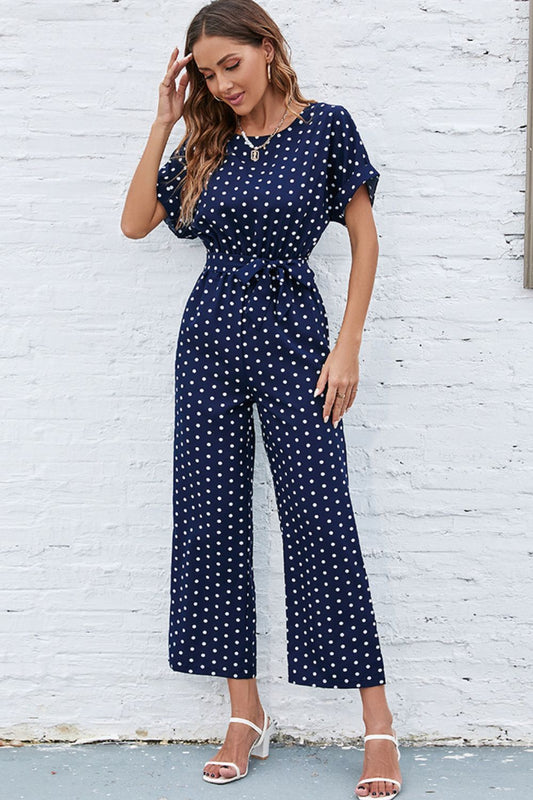 Polka Dot Round Neck Cutout Jumpsuit Print on any thing USA/STOD clothes