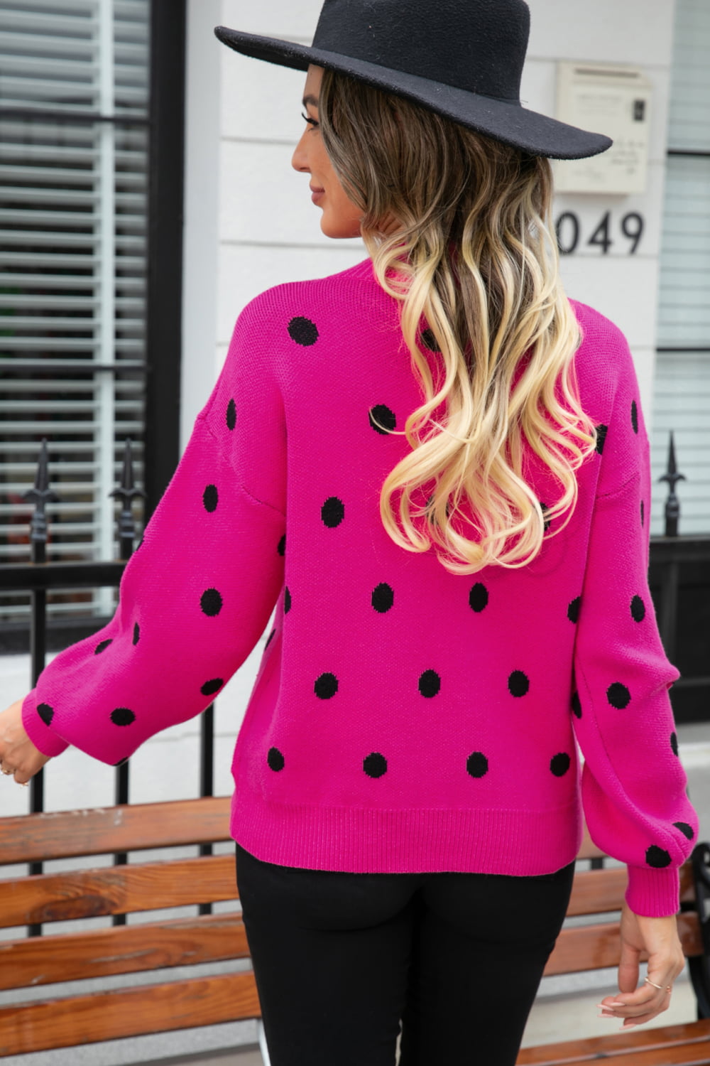 Polka Dot Round Neck Dropped Shoulder Sweater Print on any thing USA/STOD clothes