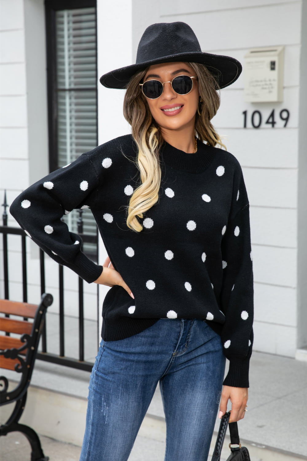 Polka Dot Round Neck Dropped Shoulder Sweater Print on any thing USA/STOD clothes