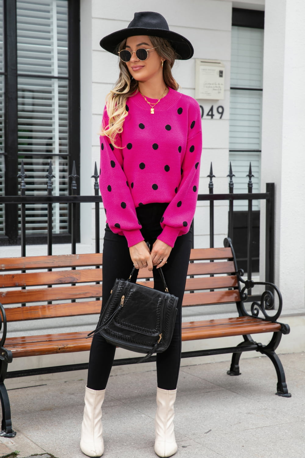 Polka Dot Round Neck Dropped Shoulder Sweater Print on any thing USA/STOD clothes