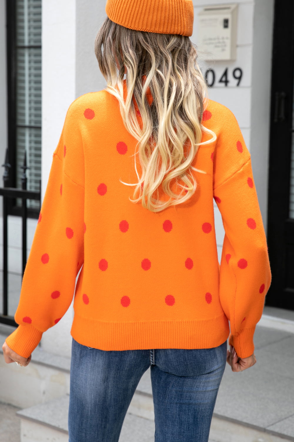 Polka Dot Round Neck Dropped Shoulder Sweater Print on any thing USA/STOD clothes