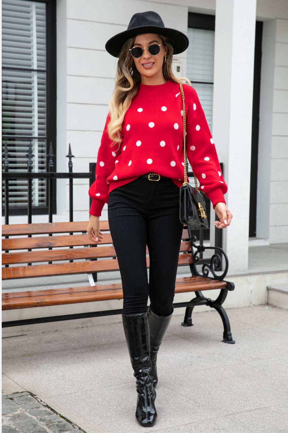 Polka Dot Round Neck Dropped Shoulder Sweater Print on any thing USA/STOD clothes