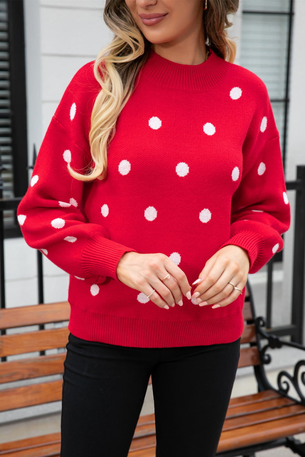 Polka Dot Round Neck Dropped Shoulder Sweater Print on any thing USA/STOD clothes