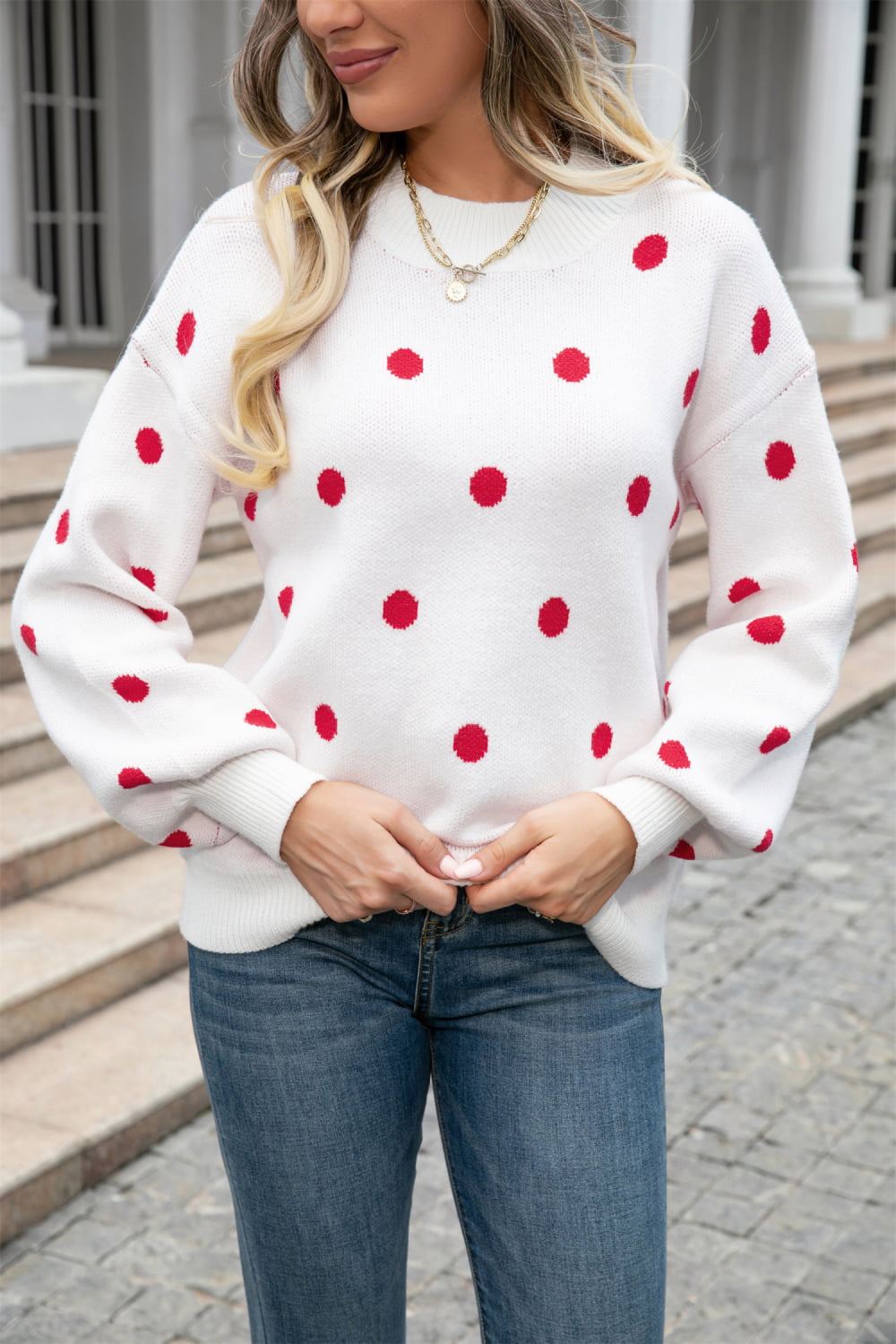 Polka Dot Round Neck Dropped Shoulder Sweater Print on any thing USA/STOD clothes