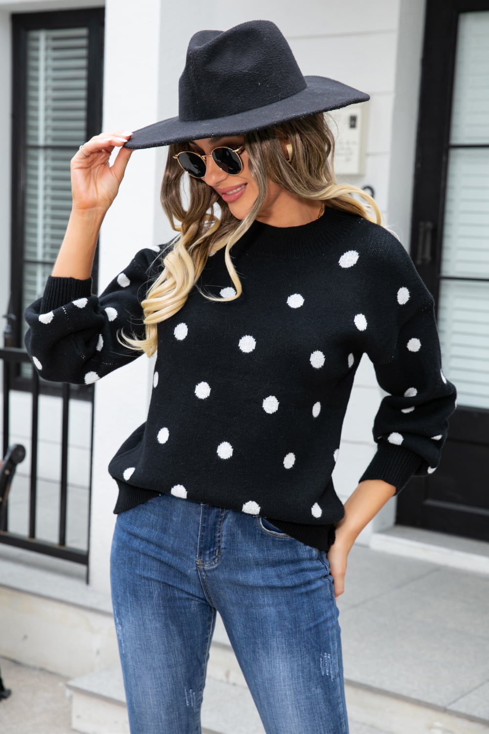 Polka Dot Round Neck Dropped Shoulder Sweater Print on any thing USA/STOD clothes