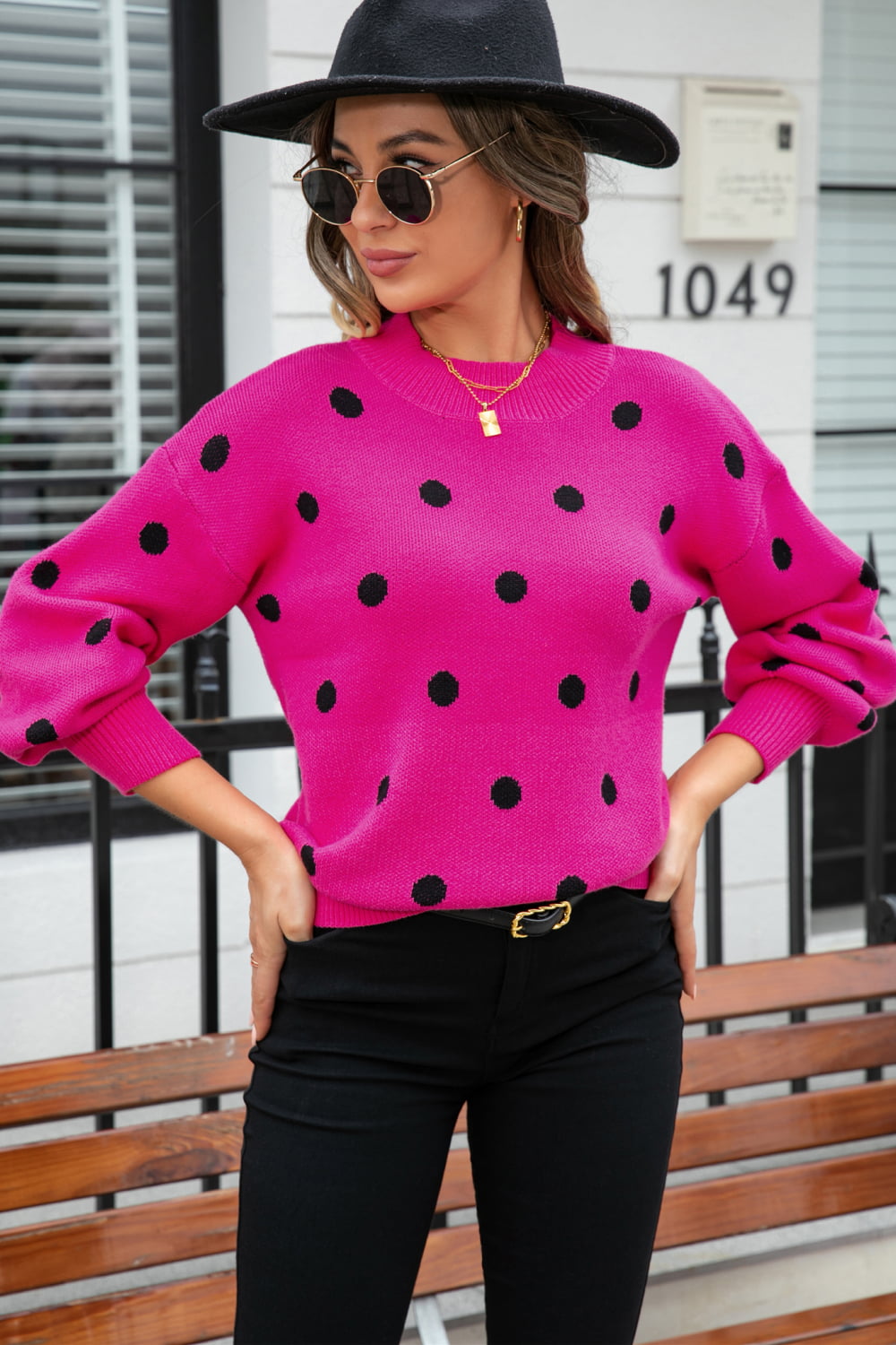 Polka Dot Round Neck Dropped Shoulder Sweater Print on any thing USA/STOD clothes