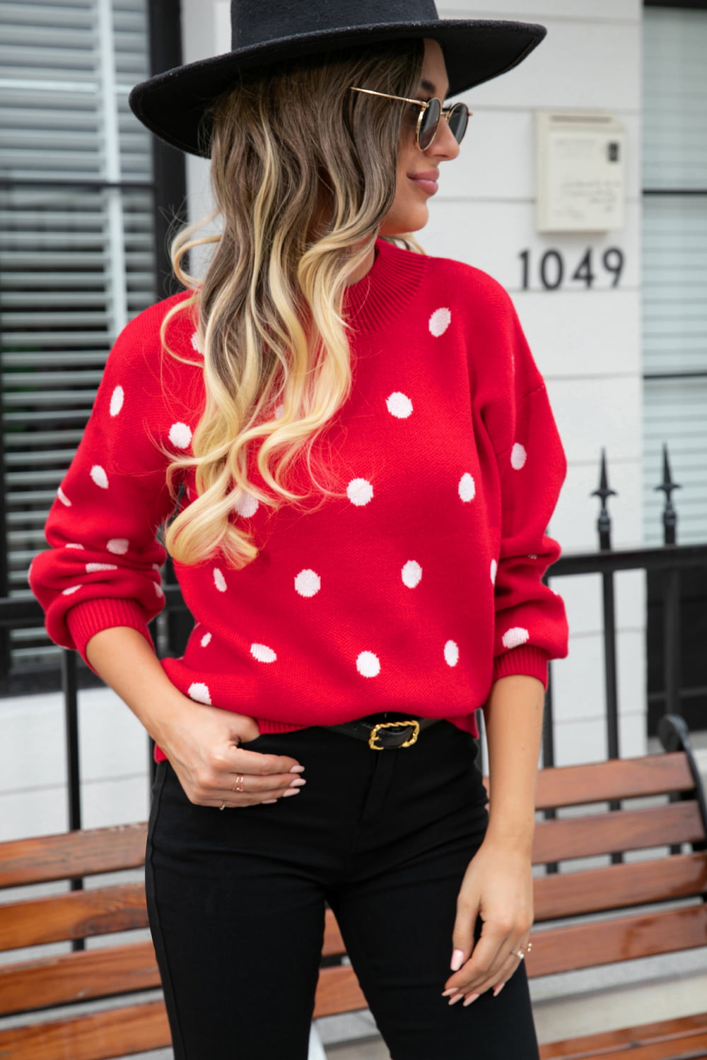 Polka Dot Round Neck Dropped Shoulder Sweater Print on any thing USA/STOD clothes