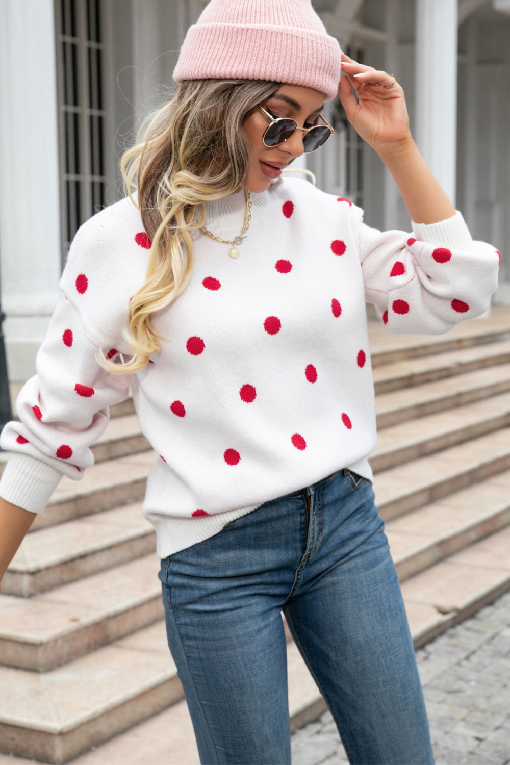 Polka Dot Round Neck Dropped Shoulder Sweater Print on any thing USA/STOD clothes