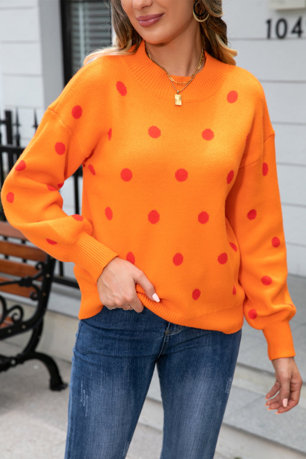 Polka Dot Round Neck Dropped Shoulder Sweater Print on any thing USA/STOD clothes