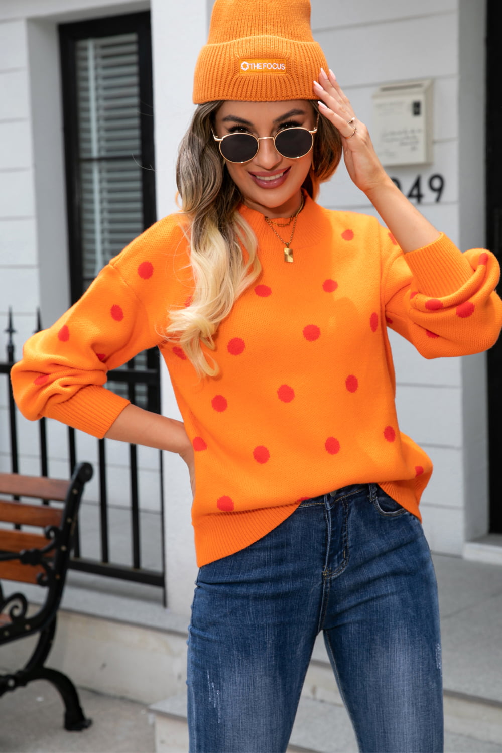 Polka Dot Round Neck Dropped Shoulder Sweater Print on any thing USA/STOD clothes