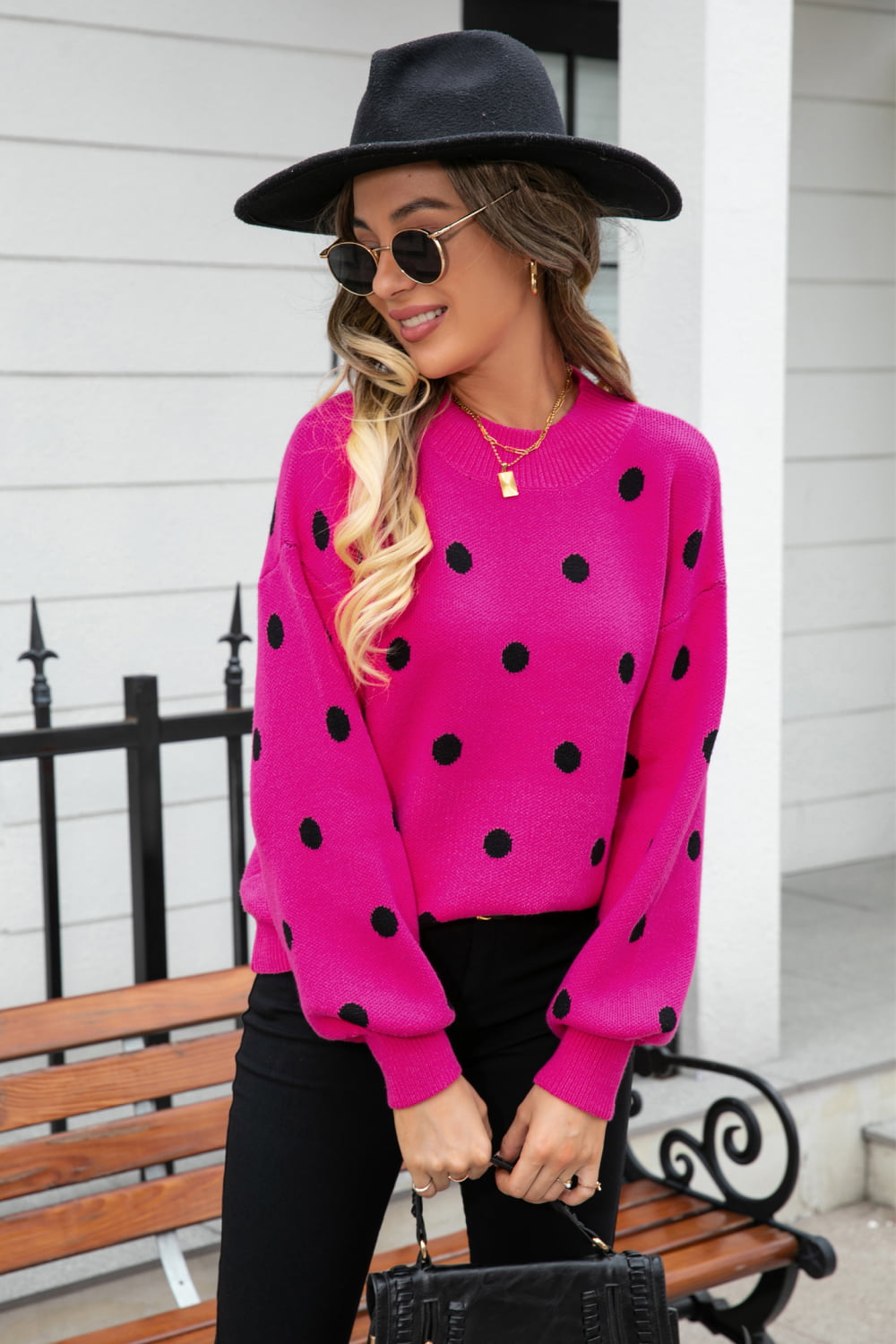 Polka Dot Round Neck Dropped Shoulder Sweater Print on any thing USA/STOD clothes