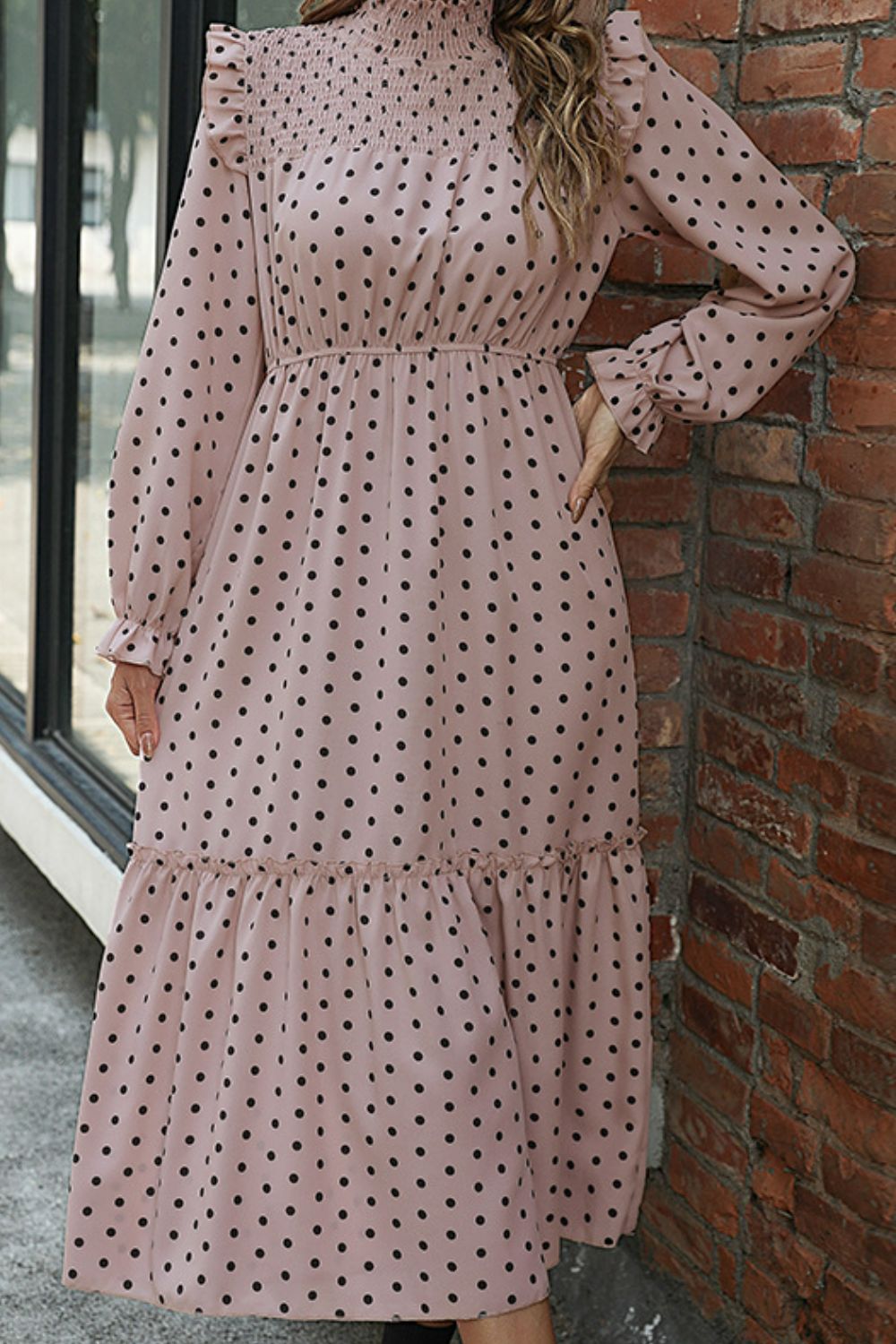 Polka Dot Smocked Frill Trim Dress Print on any thing USA/STOD clothes