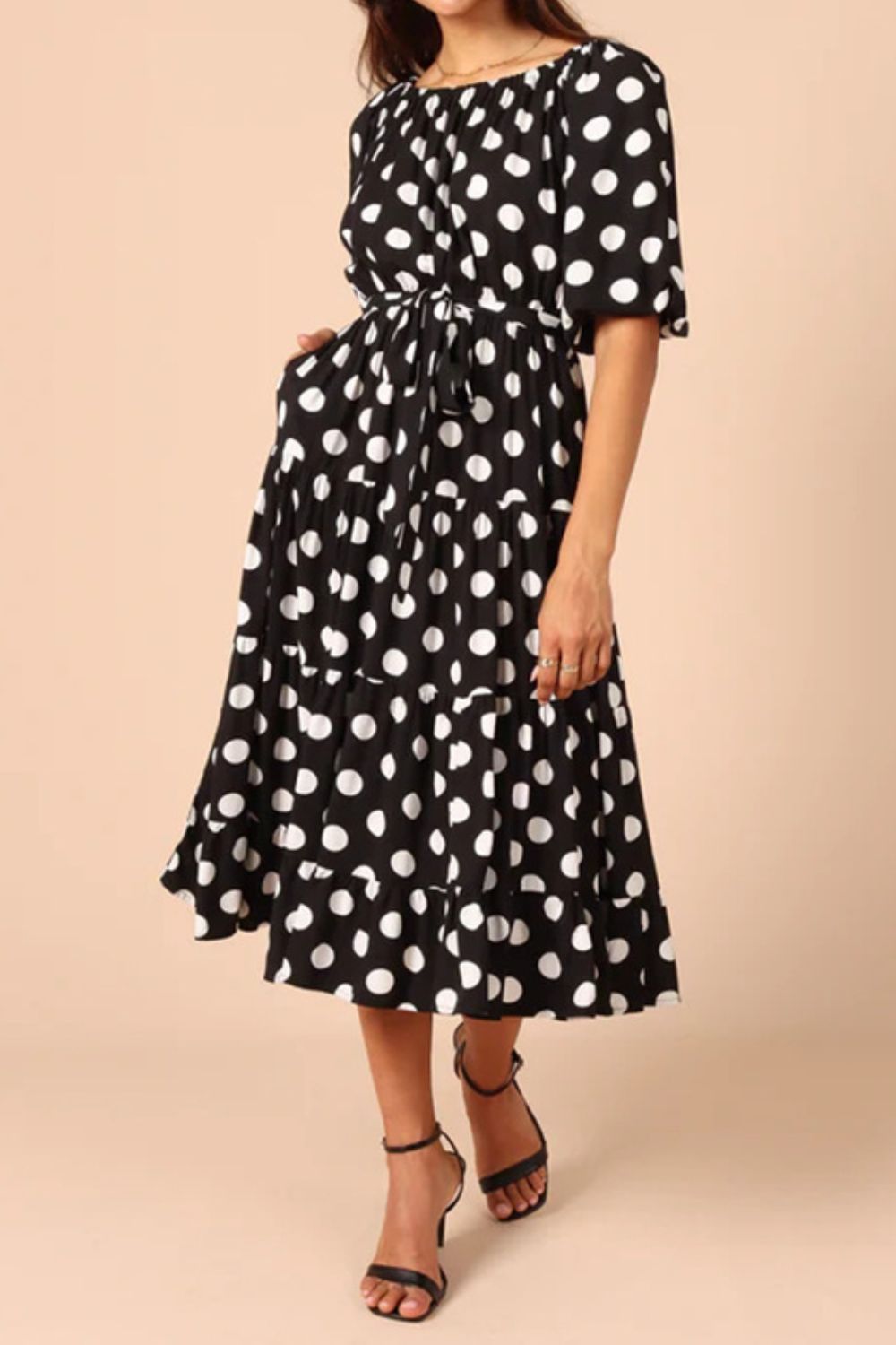 Polka Dot Tie Waist Midi Dress Print on any thing USA/STOD clothes