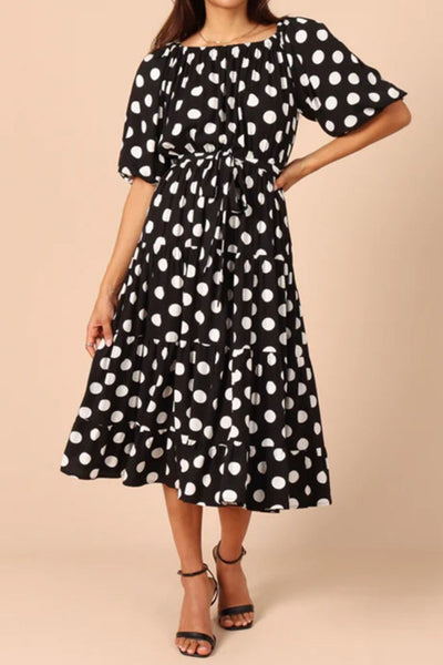 Polka Dot Tie Waist Midi Dress Print on any thing USA/STOD clothes