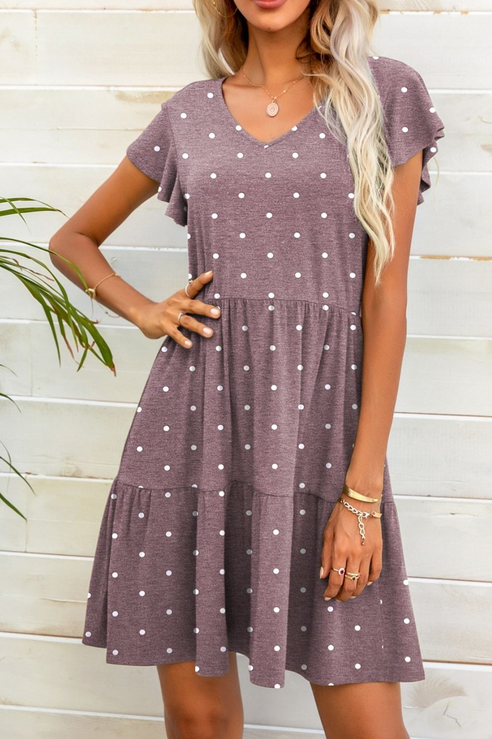 Polka Dot V-Neck Flutter Sleeve Mini Dress Print on any thing USA/STOD clothes