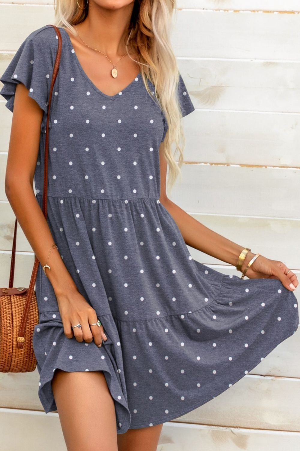 Polka Dot V-Neck Flutter Sleeve Mini Dress Print on any thing USA/STOD clothes