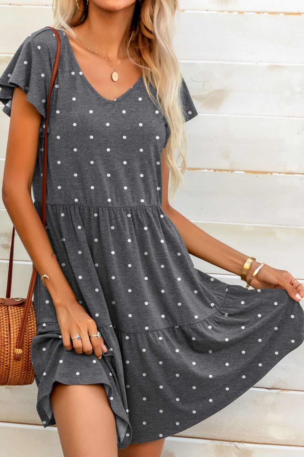 Polka Dot V-Neck Flutter Sleeve Mini Dress Print on any thing USA/STOD clothes