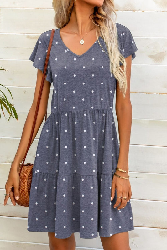 Polka Dot V-Neck Flutter Sleeve Mini Dress Print on any thing USA/STOD clothes
