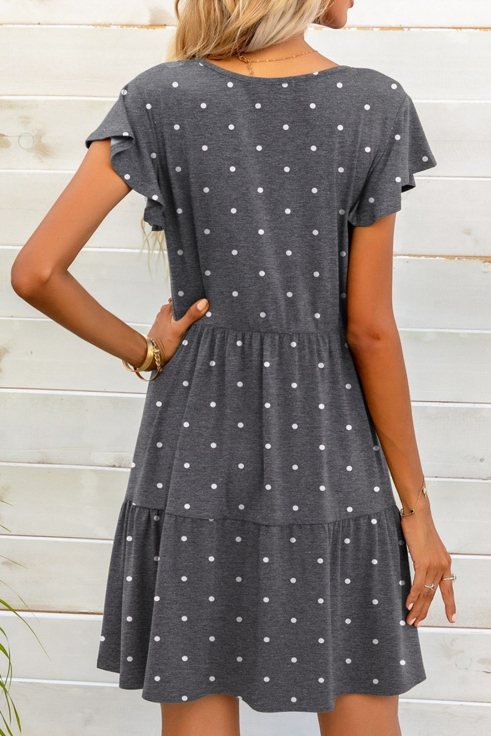 Polka Dot V-Neck Flutter Sleeve Mini Dress Print on any thing USA/STOD clothes