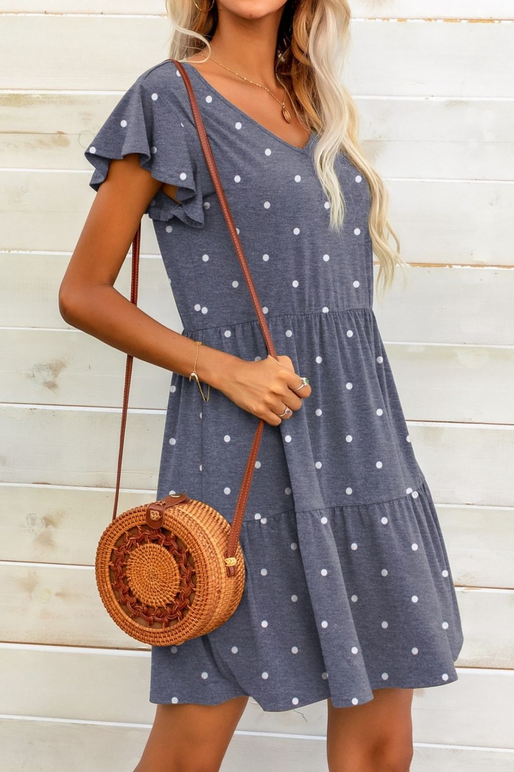 Polka Dot V-Neck Flutter Sleeve Mini Dress Print on any thing USA/STOD clothes