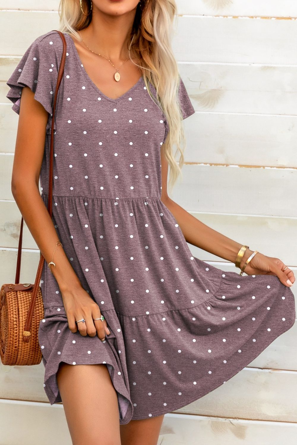 Polka Dot V-Neck Flutter Sleeve Mini Dress Print on any thing USA/STOD clothes