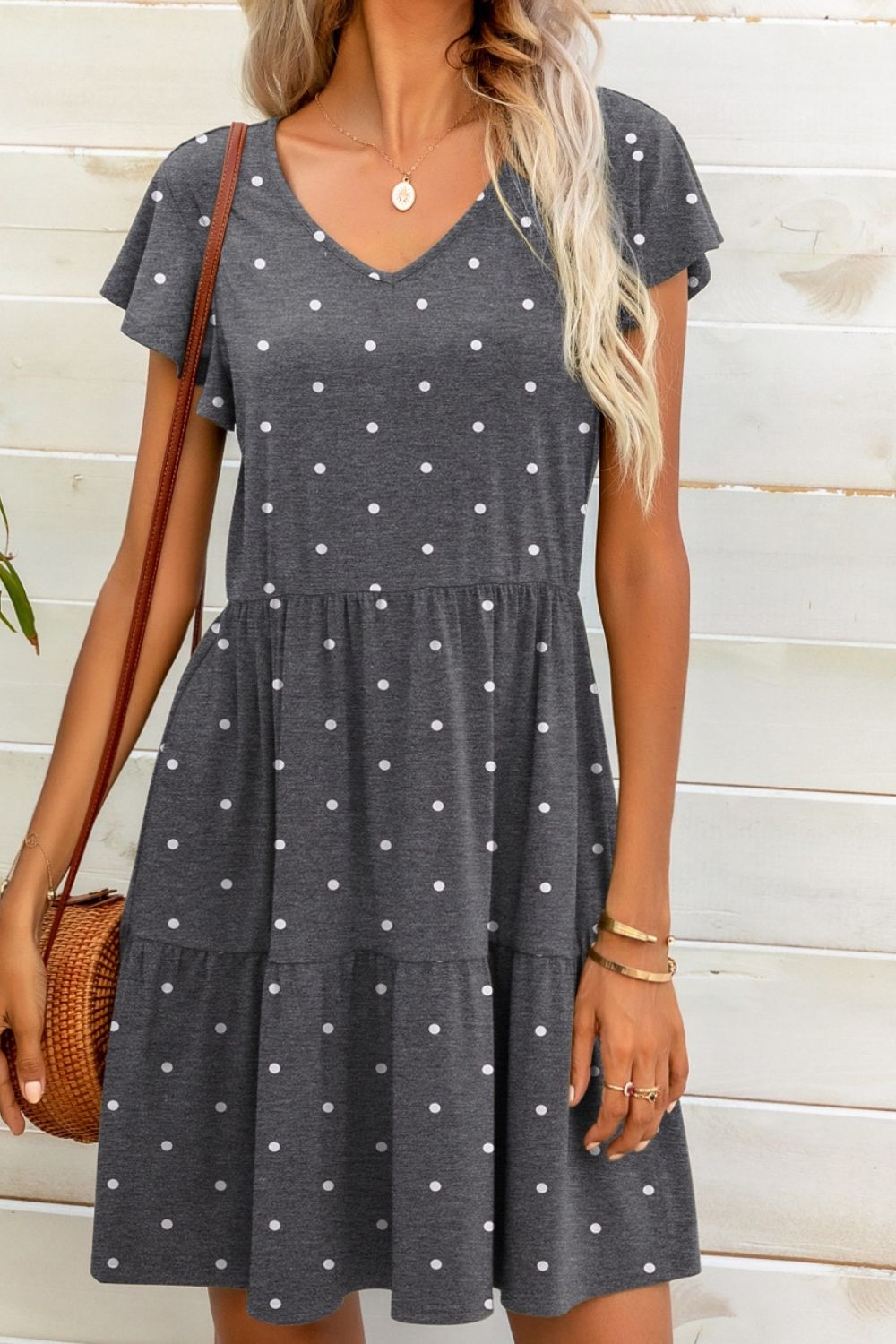 Polka Dot V-Neck Flutter Sleeve Mini Dress Print on any thing USA/STOD clothes