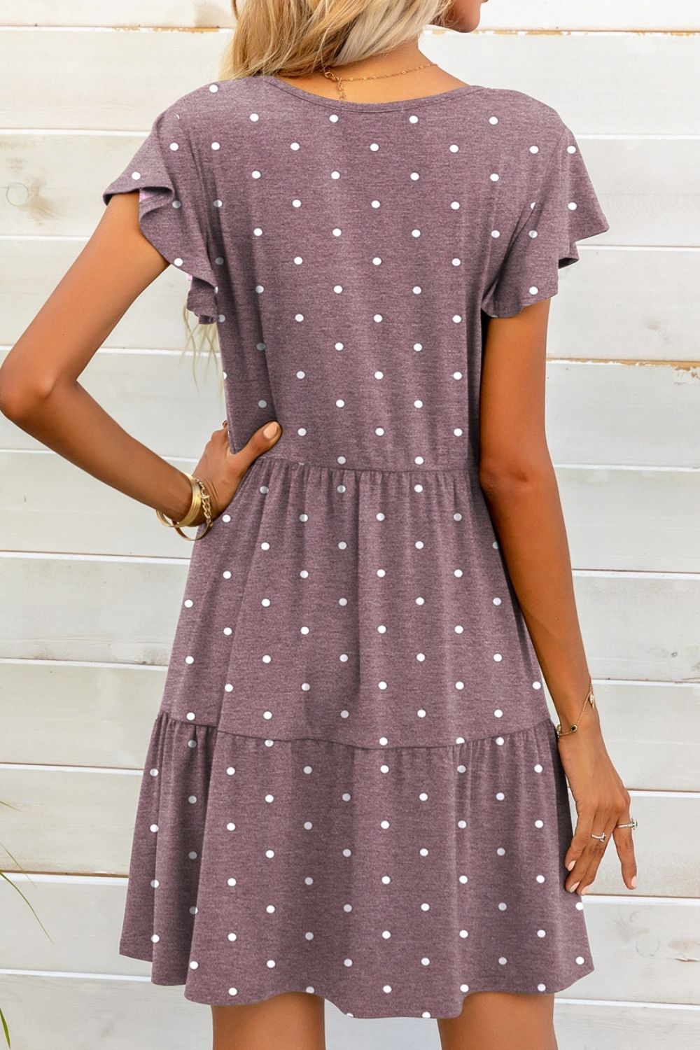 Polka Dot V-Neck Flutter Sleeve Mini Dress Print on any thing USA/STOD clothes