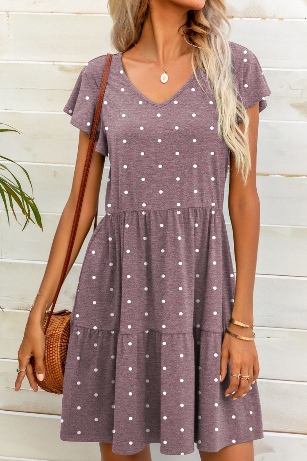 Polka Dot V-Neck Flutter Sleeve Mini Dress Print on any thing USA/STOD clothes