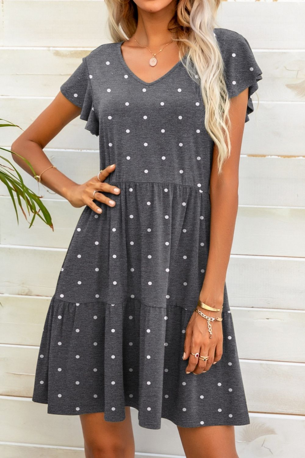 Polka Dot V-Neck Flutter Sleeve Mini Dress Print on any thing USA/STOD clothes