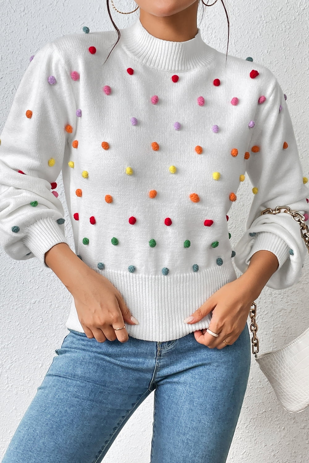 Pom-Pom Trim Mock Neck Long Sleeve Pullover Sweater Print on any thing USA/STOD clothes