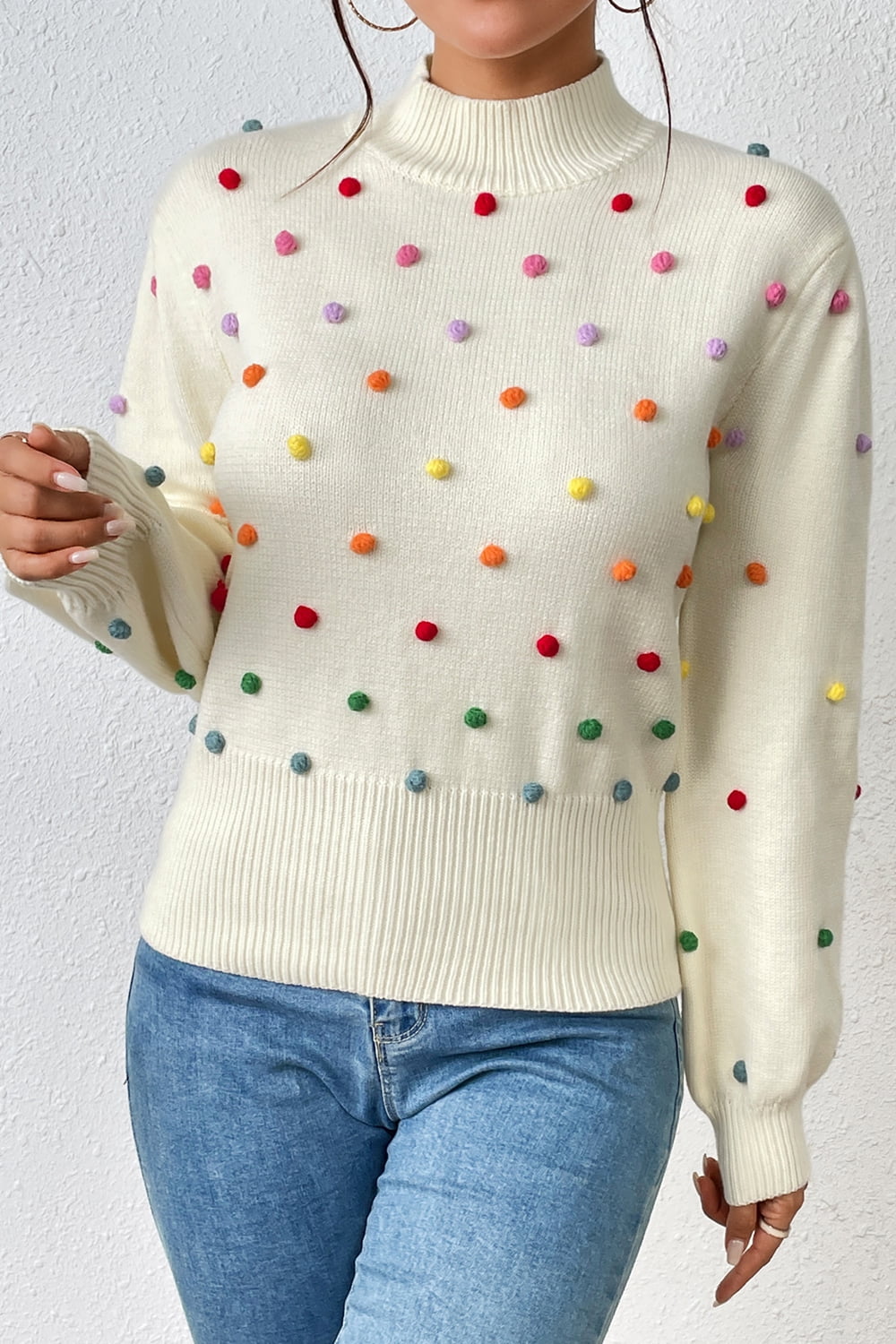 Pom-Pom Trim Mock Neck Long Sleeve Pullover Sweater Print on any thing USA/STOD clothes