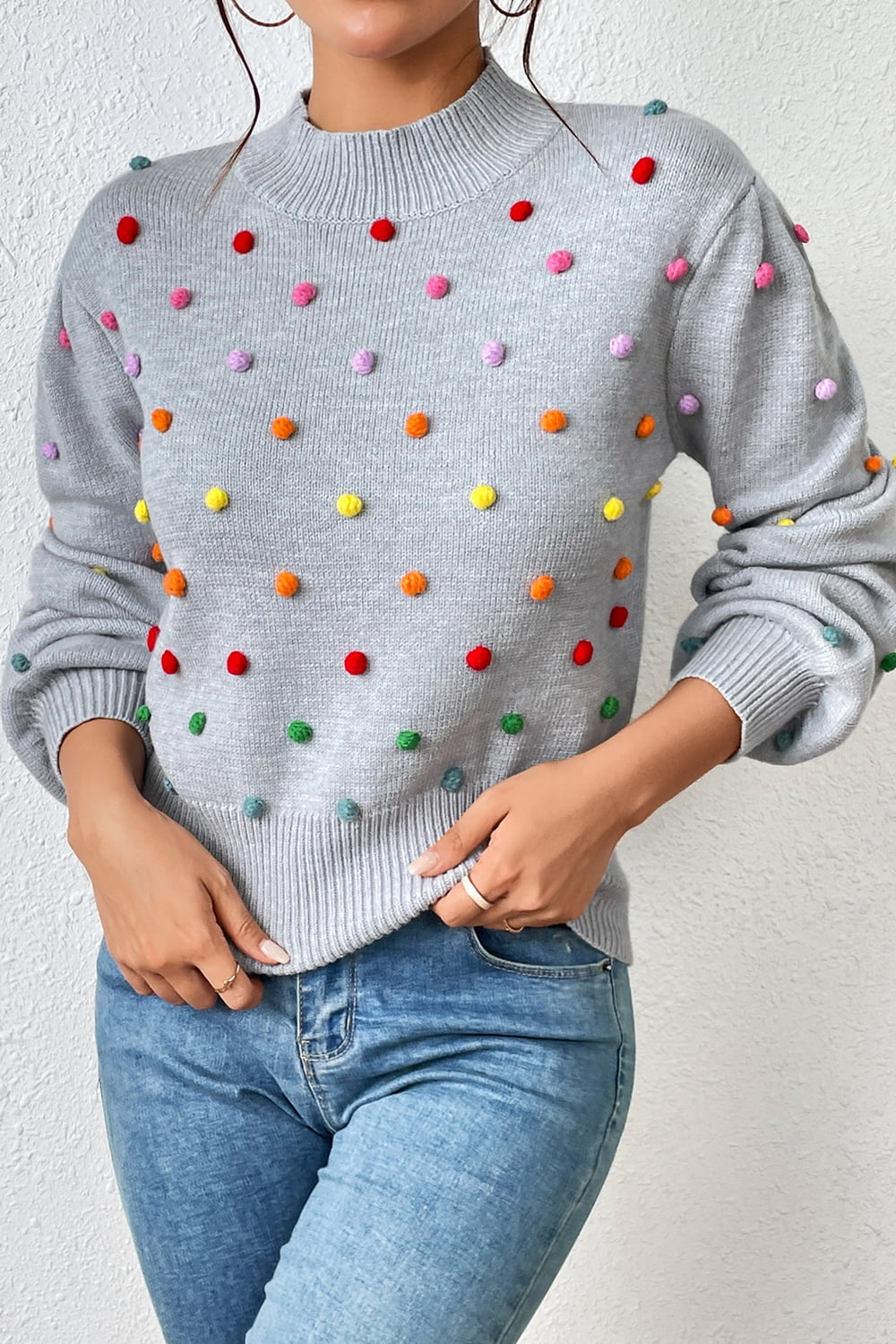 Pom-Pom Trim Mock Neck Long Sleeve Pullover Sweater Print on any thing USA/STOD clothes