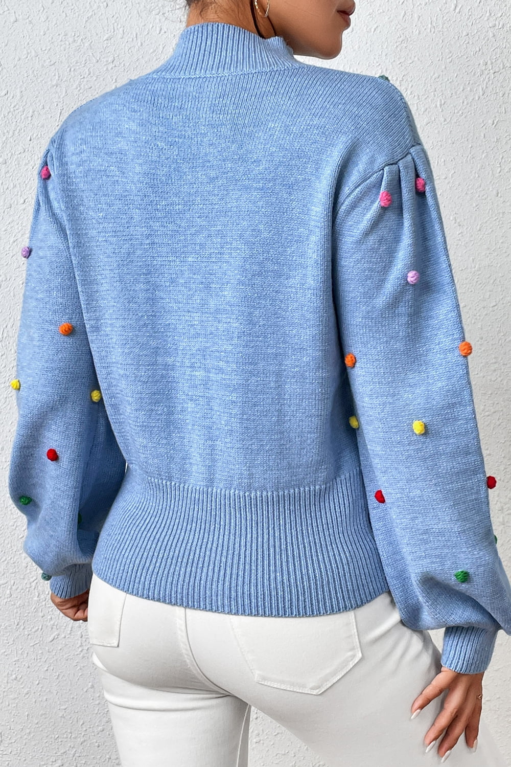 Pom-Pom Trim Mock Neck Long Sleeve Pullover Sweater Print on any thing USA/STOD clothes