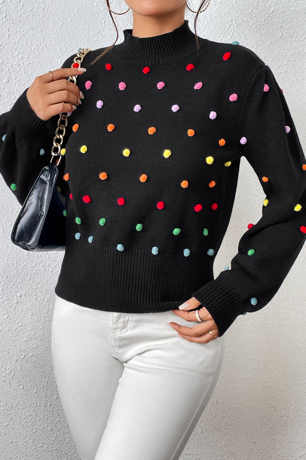 Pom-Pom Trim Mock Neck Long Sleeve Pullover Sweater Print on any thing USA/STOD clothes