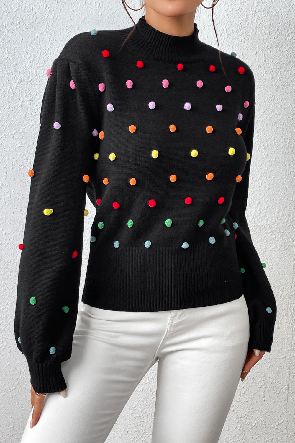 Pom-Pom Trim Mock Neck Long Sleeve Pullover Sweater Print on any thing USA/STOD clothes