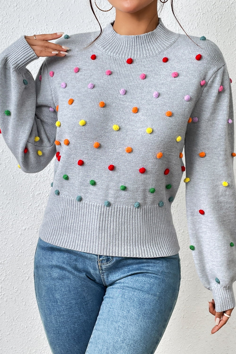 Pom-Pom Trim Mock Neck Long Sleeve Pullover Sweater Print on any thing USA/STOD clothes