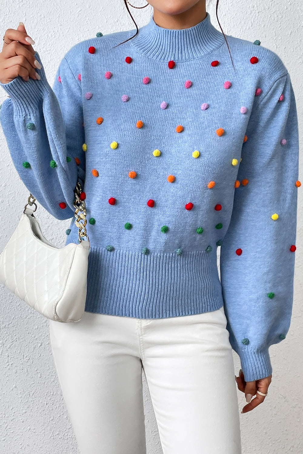 Pom-Pom Trim Mock Neck Long Sleeve Pullover Sweater Print on any thing USA/STOD clothes