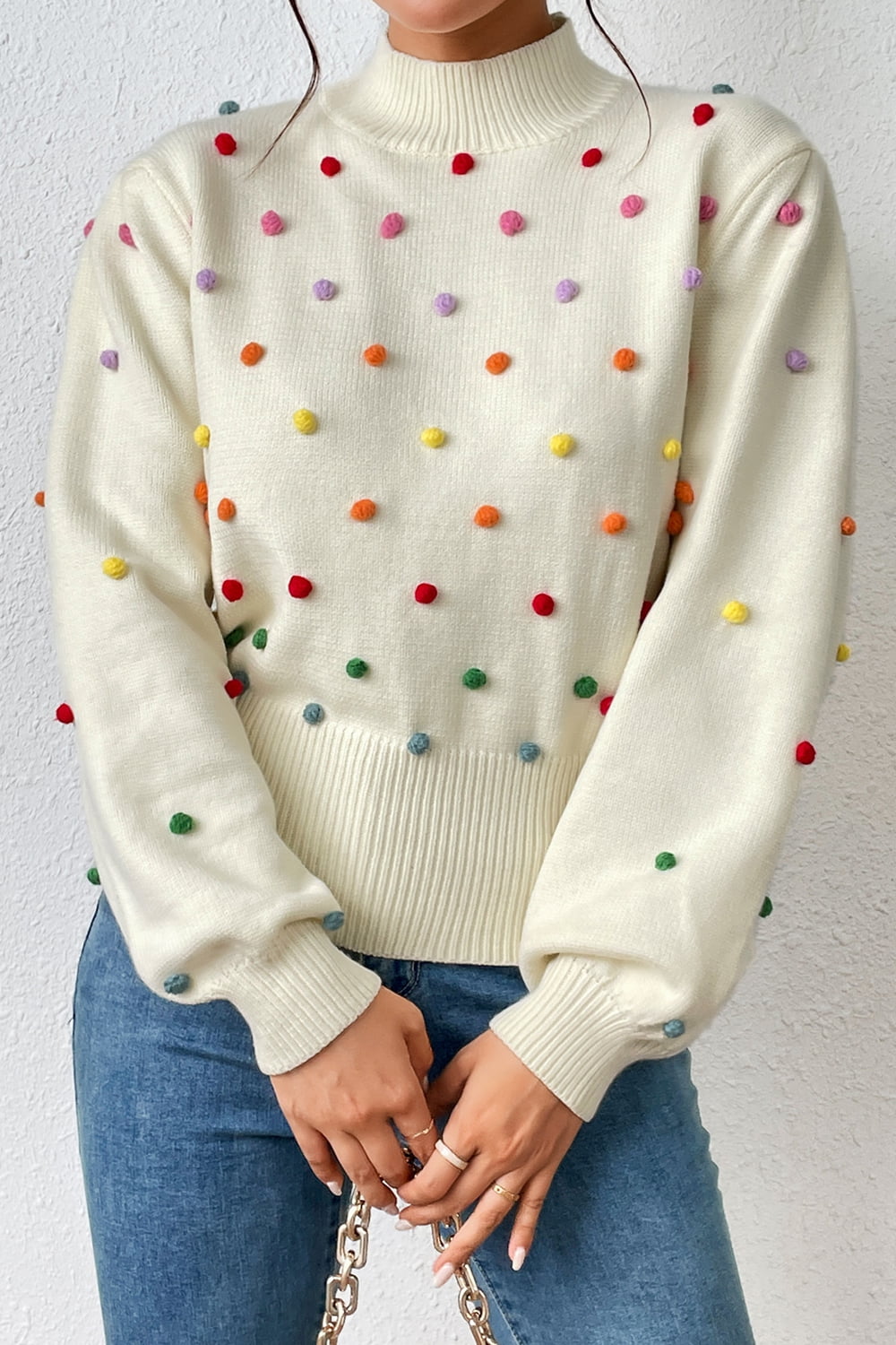 Pom-Pom Trim Mock Neck Long Sleeve Pullover Sweater Print on any thing USA/STOD clothes