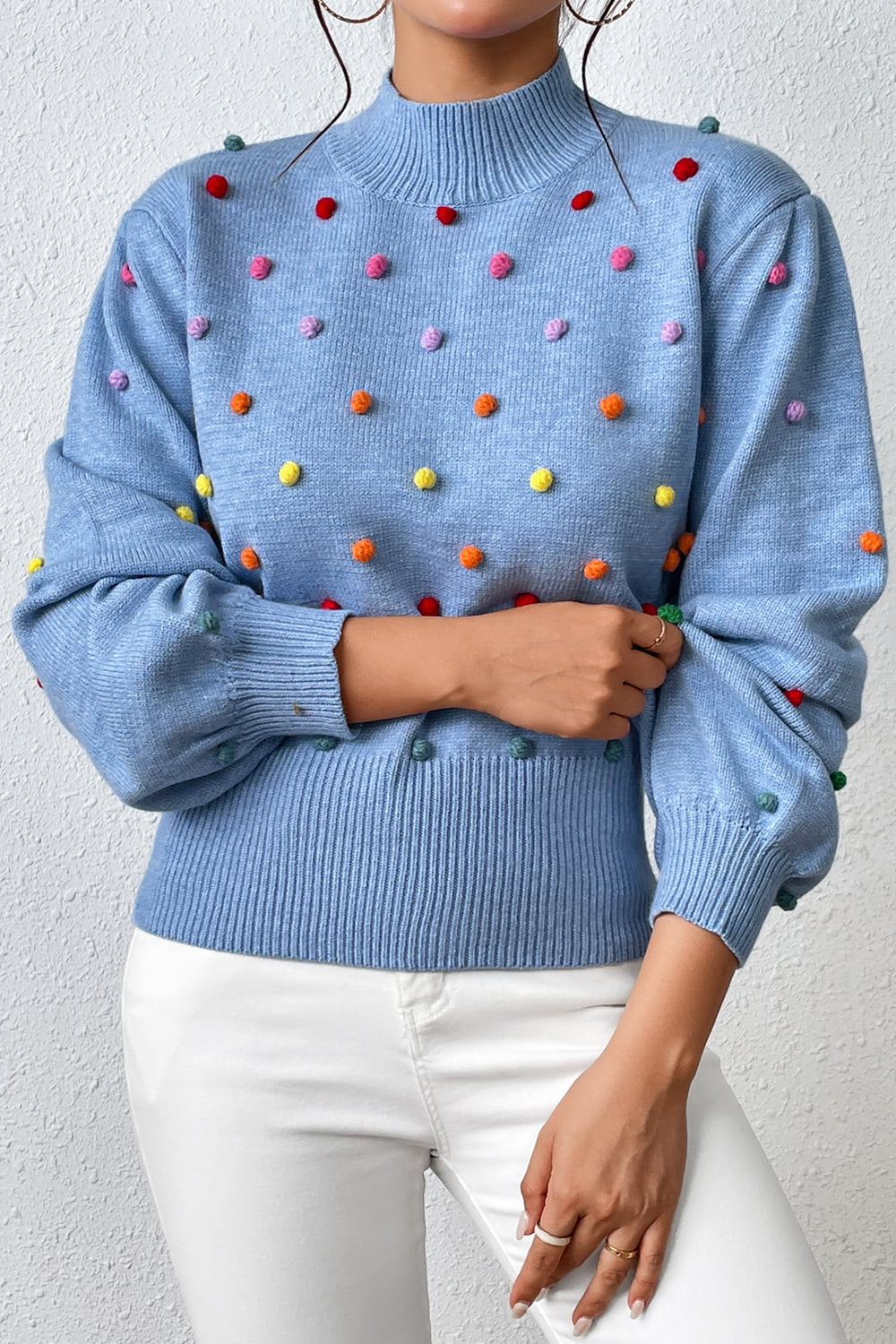 Pom-Pom Trim Mock Neck Long Sleeve Pullover Sweater Print on any thing USA/STOD clothes